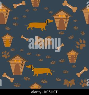 Nahtlose Dackel Hund mit Knochen, Bögen, Hund Häuser und Footprints. Vector Illustration Stock Vektor
