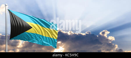 Winkende Bahamas Flagge auf blauen Himmel. 3D-Darstellung Stockfoto