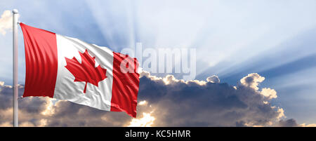 Kanada wehende Flagge auf blauen Himmel. 3D-Darstellung Stockfoto