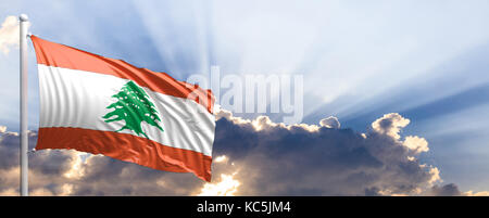 Libanon wehende Flagge auf blauen Himmel. 3D-Darstellung Stockfoto