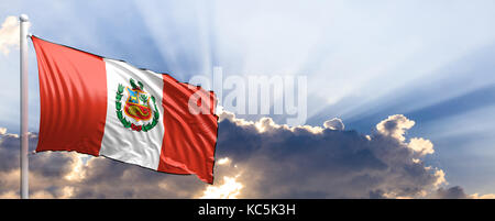 Peru wehende Flagge auf blauen Himmel. 3D-Darstellung Stockfoto