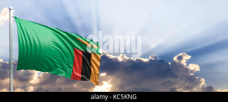 Sambia wehende Flagge auf blauen Himmel. 3D-Darstellung Stockfoto