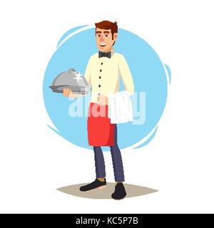 Kellner, niedliche Charakter Vektor. Gerne Kellner. Abendessen, romantischen Abend. Menü Vorstand Hintergrund. Zeichentrickfigur Abbildung Stock Vektor