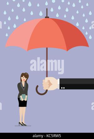 Hand mit einem Regenschirm schützen Geschäftsfrau. Vector Illustration Stock Vektor