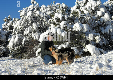 Mann kniet mit seinem Australian Shepherds zu spielen. Schnee bedeckt den Boden und die Bäume in New Mexiko. Stockfoto