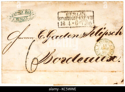 1859 gefalteten Brief Blatt aus Berlin (Deutschland) nach Bordeaux, Frankreich. Stockfoto