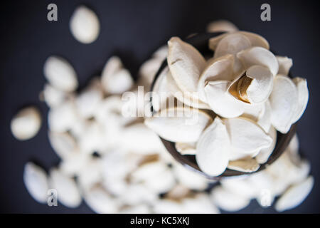 Kürbiskerne bereit auf dunklen Holztisch mit Copyspace zu essen Stockfoto