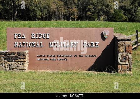 Eingangsschild der Pea Ridge National Military Park, Garfield, Arkansas Stockfoto