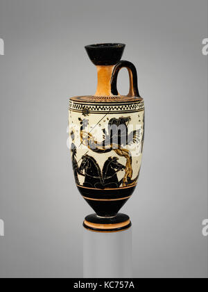 Terrakotta lekythos (Öl Flasche), Archaische, Ca. 500 v. Chr., Griechischer, Dachboden, Terracotta, schwarz Abbildung, weiße Masse, H. 6 13/16-in. (17. Stockfoto