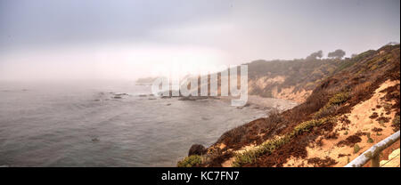 Nebel driftet in über den Ozean an der Crystal Cove State Beach am Rande von Laguna Beach und Corona Del Mar, Kalifornien im Herbst. Stockfoto