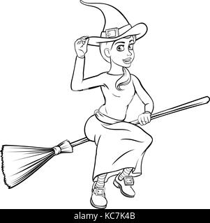 Cartoon Hexe auf ihrem Besen fliegen Stock Vektor