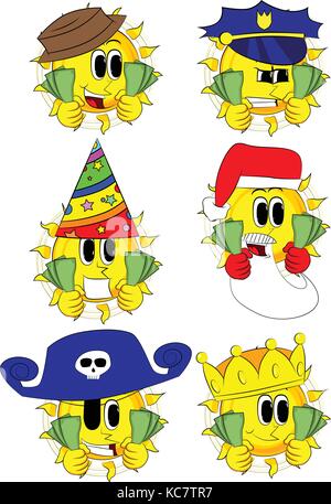 Cartoon sun Holding oder Geldscheinen. Sammlung mit Kostüm. Ausdrücke Vektor einrichten. Stock Vektor