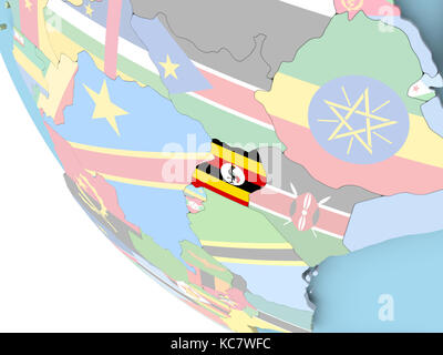 Uganda auf hellen politischen Welt mit eingebetteten Flagge. 3D-Darstellung. Stockfoto