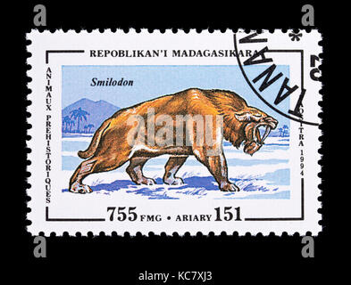 Briefmarke aus Madagaskar mit der Darstellung eines smilodon Stockfoto