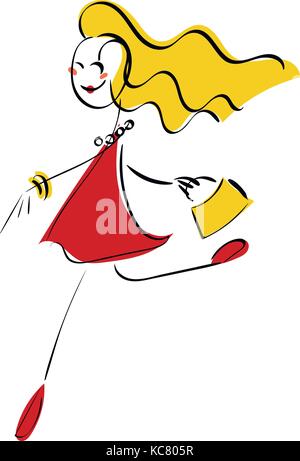Doodle stickman Abbildung Konzept. Glamour Mädchen im roten Kleid in Eile. Vektor Bild. Stock Vektor