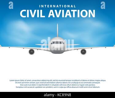 Banner, Poster, Plakat, Flyer mit dem Flugzeug Hintergrund. Ebene im blauen Himmel, der zivilen Luftfahrt Airliner. Verkehrsflugzeug Travel Concept Design. Vector Illustration Stock Vektor