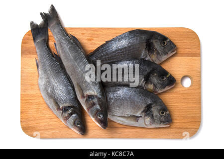 Frische rohe Seebarsch und dorado Fisch auf Holz Schneidebrett, Ansicht von oben Stockfoto