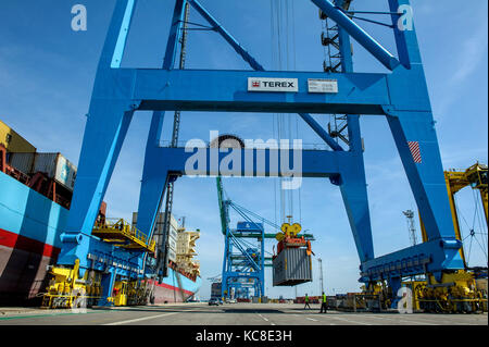 Fos-sur-Mer (Frankreich). 2015/04/24. Oder Carrier Terminal von Marseille-Fos Port. Dänische Containerschiff "Maersk Newport' am Kai * Stockfoto