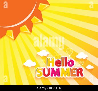 Hallo Sommer Vector Illustration mit Sonne und Sommer Symbole in orange Hintergrund mit Strahlen Stock Vektor