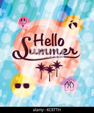 Hallo Sommer mit Sommer Symbole in eine schöne Zusammenfassung Kreis gemusterten Hintergrund. Stock Vektor