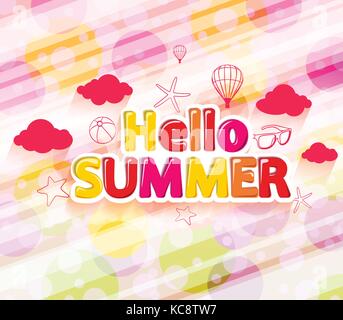 Bunte Hallo Sommer mit Sommer Symbole in einer abstrakten Kreis gemusterten Hintergrund. Stock Vektor
