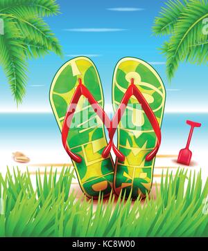 Hallo Sommer Hausschuhe oder Flip-flops am Strand mit blauem Himmel Horizont in einen Hintergrund. Vector Illustration Stock Vektor