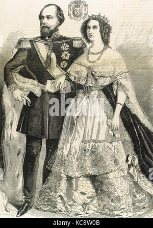 Wilhelm III. (1817-1890). König der Niederlande und Großherzog von Luxemburg (1849-1890) mit seiner Frau Sophie von Württemberg (1818-1877). Hochformat. Gravur, 1862. Stockfoto