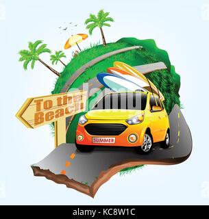 Sommer surfen Abenteuer Plakatgestaltung mit gelben Auto Umgang mit drei Surfbrettern Reisen zum Strand in Vector Illustration Stock Vektor