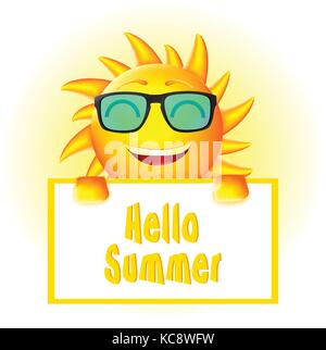 Sun Charakter mit Sonnenbrille holding Hallo Sommer Schild mit weißem Hintergrund Stock Vektor