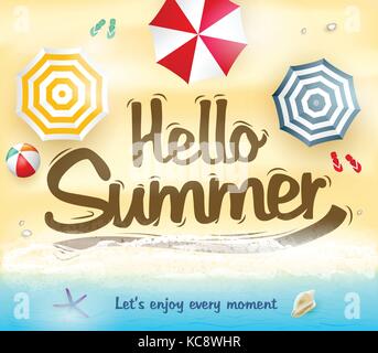 Hallo Sommer le uns genießen jeden Augenblick mit Seashore Draufsicht Vector Illustration Stock Vektor