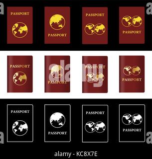 Vier verschiedene Vektor maroon Reisepass mit Globus. Vector Illustration Stock Vektor