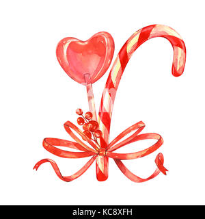 Blumenstrauß aus Lutscher mit einem Weihnachten stick, Beeren und süsses Herz. auf weißem Hintergrund. handgefertigte Zeichnung. Elemente für eine Weihnachtskarte. Stockfoto