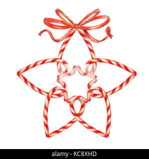 Lollipop, Stern mit Weihnachten Süßigkeiten mit einem Bogen. Elemente für eine Weihnachtskarte. Aquarell Abbildung auf weißem Hintergrund. Stockfoto