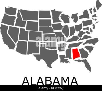 Angrenzenden geographische Karte von USA mit Bundesstaat Alabama mit roter Farbe markiert. Stock Vektor