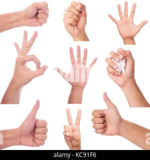 Männliche hand Gesten und Zeichen auf weißem Hintergrund. Stockfoto