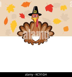 Vektor Karte für Thanksgiving Day mit der Türkei, leeren Raum und Blätter im Herbst Stock Vektor