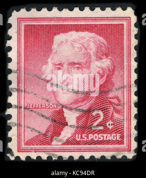 USA – UM 1930: Eine in den USA gedruckte Briefmarke zeigt Bildporträt Thomas Jefferson (13. April 1743 – 4. Juli 1826) war der dritte Präsident der Vereinigten Staaten Stockfoto