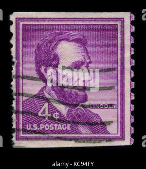 USA-CIRCA 1959: Eine Briefmarke zeigt Bildporträt Abraham Lincoln (12. Februar 1809 – 15. April 1865) diente als 16. Präsident der Vereinigten Staaten von Amerika Stockfoto