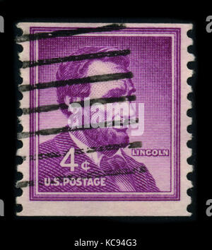 Usa - ca. 1959: eine Briefmarke zeigt Bild portrait Abraham Lincoln (12. Februar 1809 bis 15. April 1865) als 16. Präsident der Vereinigten Staaten fr serviert. Stockfoto