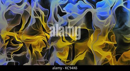 Abstrakte elektrisierenden Linien, rauchig fraktale Struktur Muster, digitale Illustration Kunst Arbeit der Rendering chaotischen Blau und Gelb auf dem dunklen Hintergrund. Stockfoto