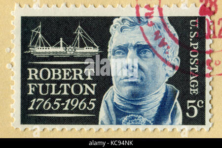 GOMEL, WEISSRUSSLAND, 18. APRIL 2017. Der in den USA gedruckte Stempel zeigt das Bild des Robert Fulton (14. November 1765 bis 24. Februar 1815) war ein amerikanischer Ingenieur Stockfoto