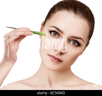 Junge Frau mit Aloe vera öl für Haut. Stockfoto