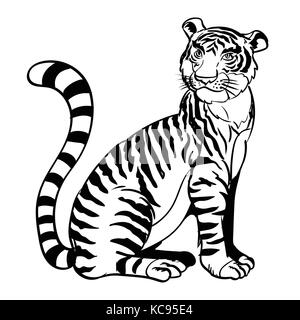 Zeichnung cartoon ein sitzender Tiger in Schwarz und Weiß - Vector Illustration Stock Vektor