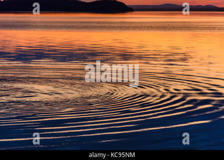Konzentrische Kreise im Wasser eines Sees bei Sonnenuntergang Stockfoto