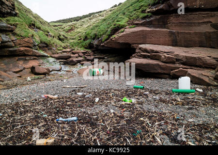 Kunststoff- und andere Ablagerungen an den Strand von Fleswick Bay in der Nähe von St Bienen, Cumbria, Großbritannien Stockfoto