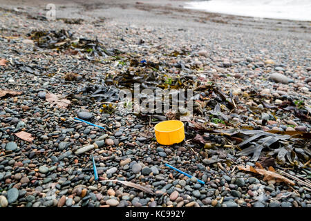 Plastik Müll an den Strand von Fleswick Bay in der Nähe von St Bienen, Cumbria, Großbritannien Stockfoto