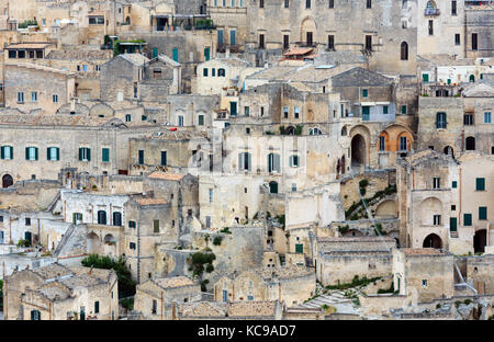 Alte Unesco Weltkulturerbe Altstadt von Matera (Sassi di Matera, Basilikata, Süditalien. prähistorische Höhlenwohnungen, der europäischen Kulturhauptstadt 2019 Stockfoto