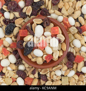 Blick von oben auf die Joghurt abgedeckt Raisin trail Mix mit einem kleinen roten Ton Schüssel in der Mitte. Stockfoto