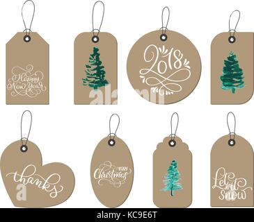Sammlung von Kraftpapier Weihnachtsgeschenk tags. Kalligraphie Schrift handgemachte Text. Vector Illustration EPS 10. Stock Vektor