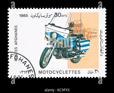 Briefmarke aus Afghanistan, das für ein Motorrad. Stockfoto